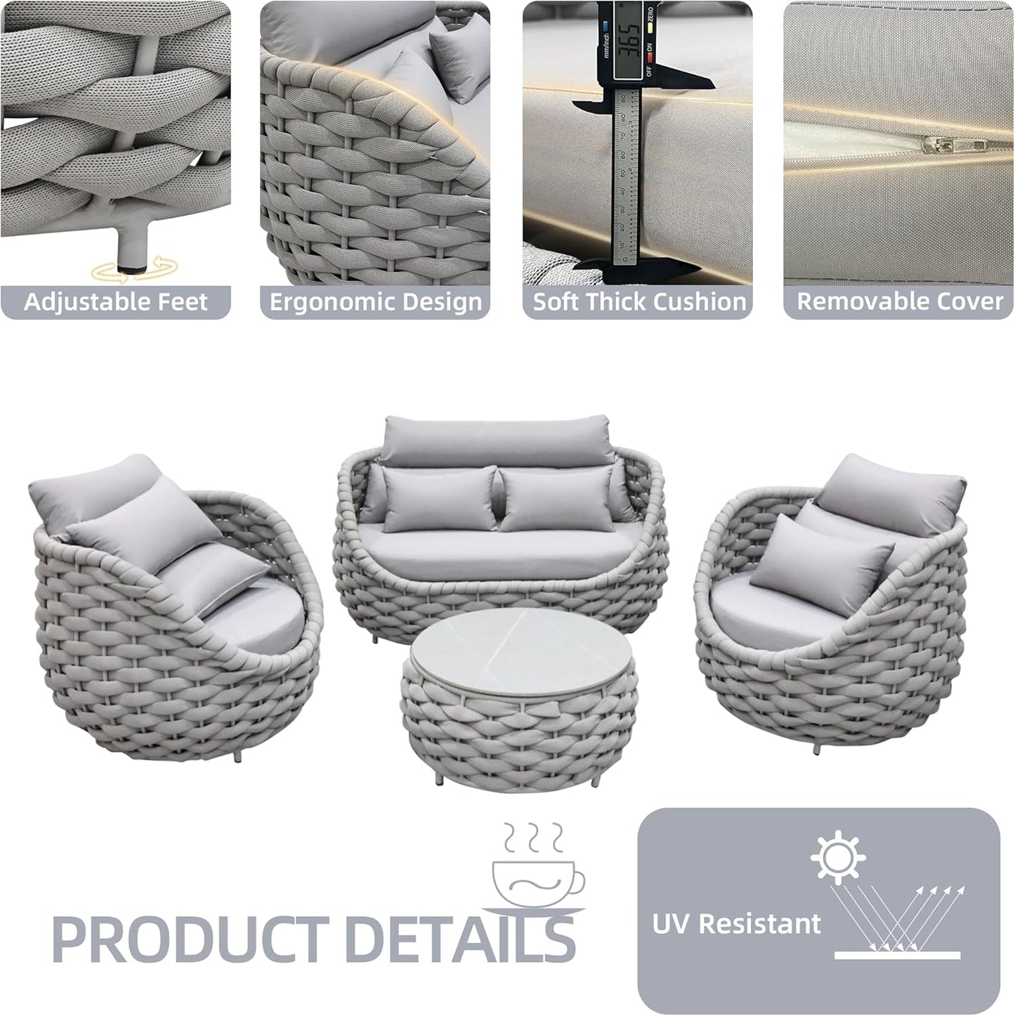 5 Pieces Patio Furniture Set, Outdoor Rope Conversation Sectional Patio Sofa with 5 Seater for Backyard, Porch, Modern Armchairs with Thickness Cushions and Side Table, Light Grey