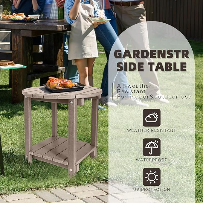 Adirondack Round Outdoor Side Table 2-Tier Storage Patio Side Table, HDPE End Tables for Backyard Pool Porch Garden Lawn (Teak)