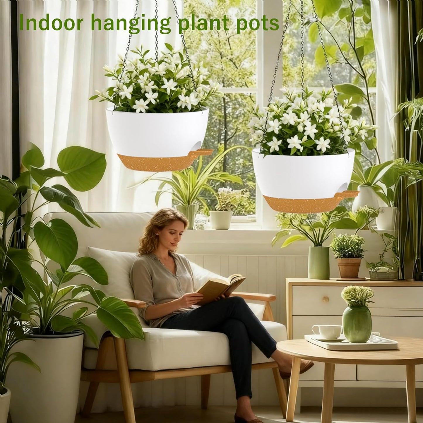 2 Pack Hanging Planters for Indoor Outdoor Plants, 12 Inch Self Watering Hanging Pot with Drainage Holes and Saucer, Plastic Plant Pots, White Brown Flower Pots for Kitchen, Balcony, Garden