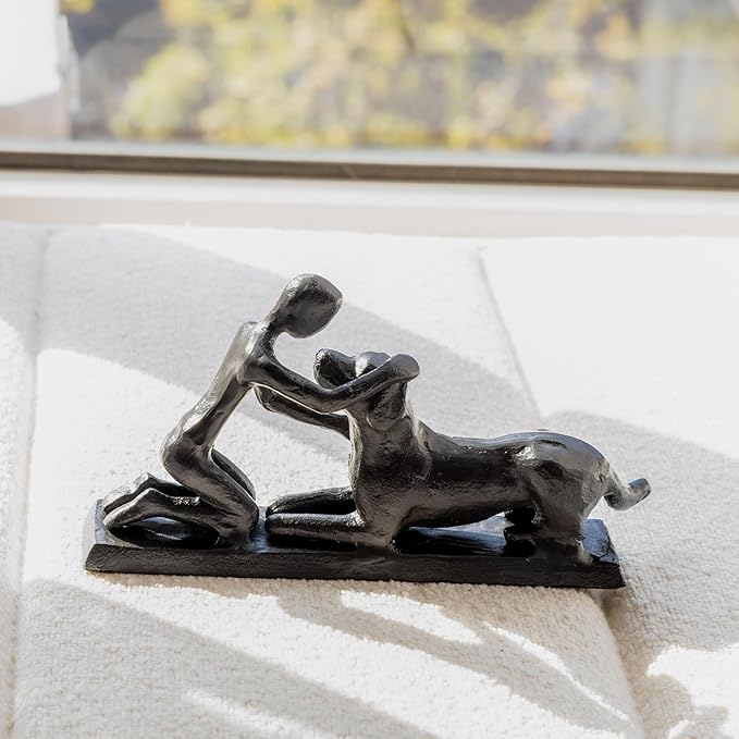 Boy and Dog Statue, Love of Dog Sculpture, Gifts for Dog Lovers, Dog Memorial Gifts for Man and Boy, Cast Iron, Black