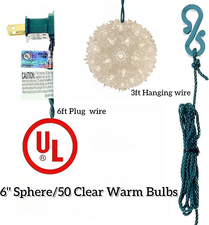 50 Warm Clear Sphere Light, UL Listed and Commercial Grade Christmas Hanging Sphere 6 Inches, for Indoor and Outdoor Use.