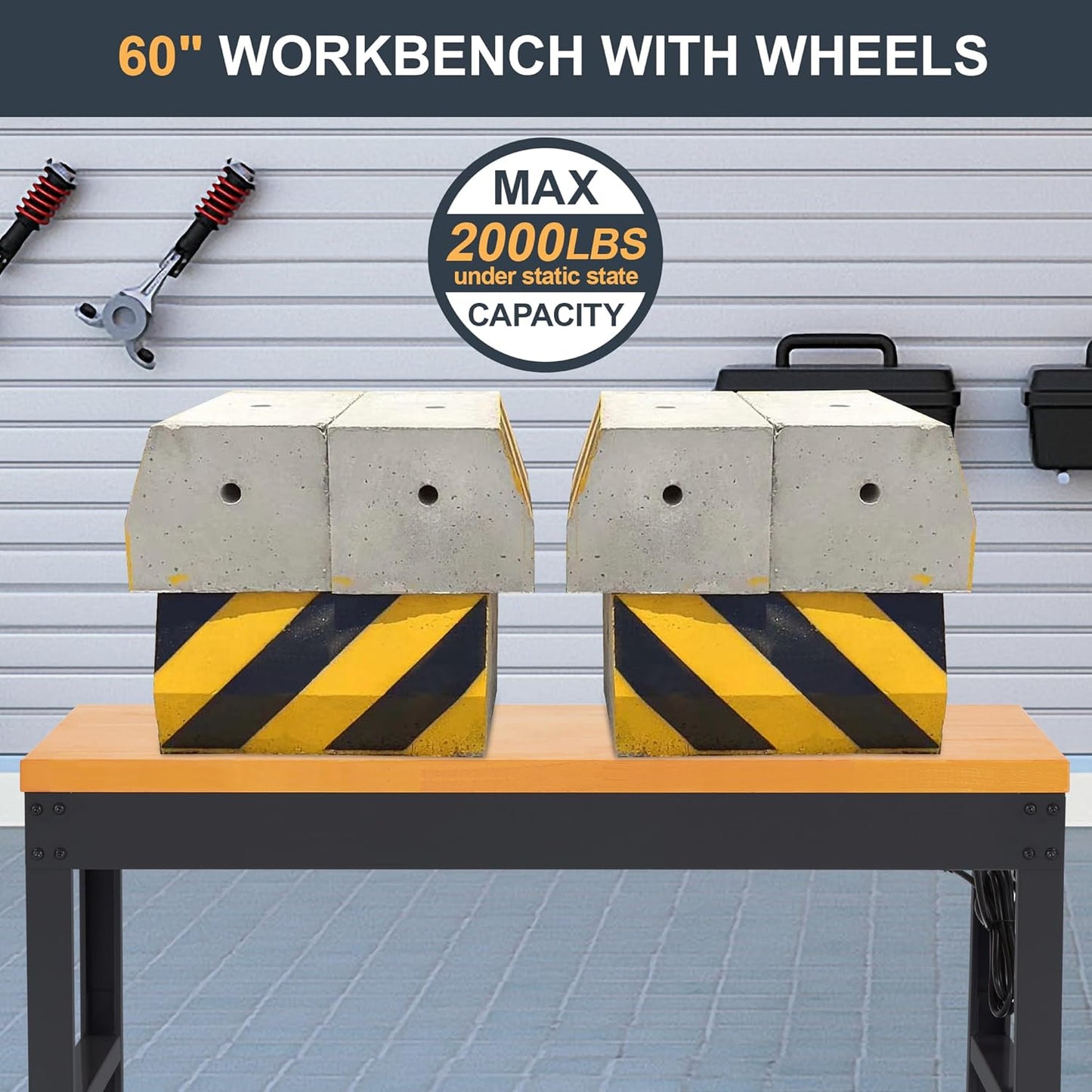 HABUTWAY Height Adjustable Workbench with Wheels 60" 2000 Lbs Capacity Solid Wood Work Station Heavy-Duty Rolling Work Tables for Garage Party Shop Office