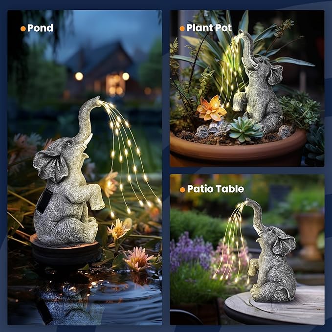 GIGALUMI Solar Garden Decor Watering Elephant Statues Outdoor, Birthday Gifts for Women Mom Grandma Senior Elder, Elephant Ornament for Balcony, Garden, Patio, Yard, Lawn (Constant Lights Only)