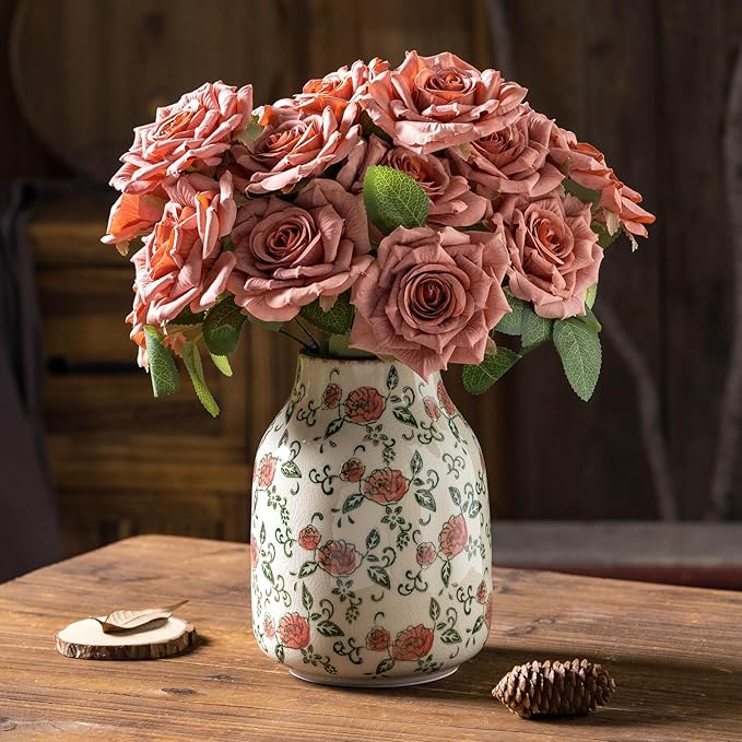 Green and Beige Vintage Round Vase, Red Rose Chinoiserie Floral Vase, Farmhouse Antique Decorative Ceramic Flower Vases for Bouquet, Home Decor, Living Room, Bookshelf, Office, Tuscan Decor 7.8 Inch