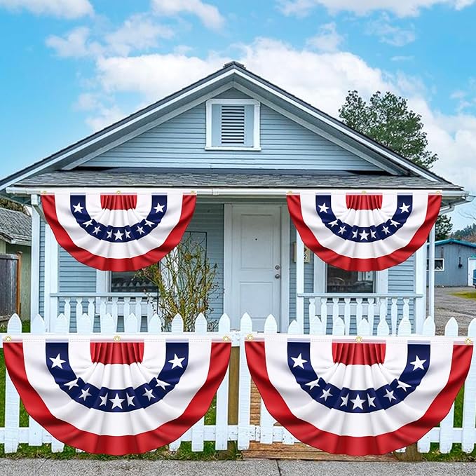 3x6 Ft 3 Pack American Pleated Fan Flag, Patriotic Half Fan Banner American Flag Decoration Bunting for Outside Red White and Blue Decor Independence Day Memorial Day 4th of july Decorations