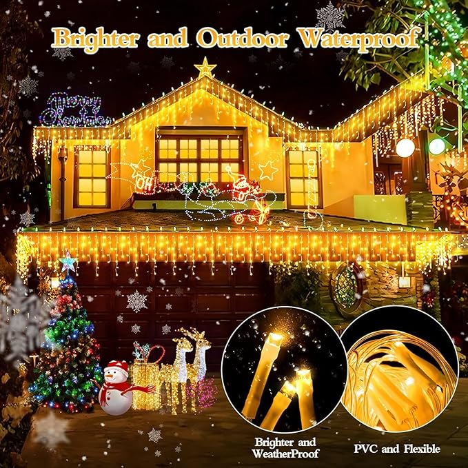 480 LED 49FT Christmas Lights Plug in 8 Modes with Timer Dimmable Christmas Decorations Outdoor Waterproof Indoor Curtain String Lights for Roof Garden Holiday Wedding Party Decor Warm White