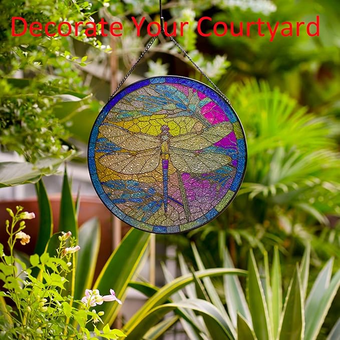 Hanging Stained Glass for Windows,20cm/7.87inch Dragonfly Hand-Painted Sun Catcher Garden Hangings Christmas Mother's Day, Valentine's Day Ornaments Festival Gift (B Style)