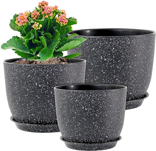 9/8/7.5 inch Plant Pots, Set of 3 Modern Decorative Plastic Planters with Drainage Holes and Saucer for Garden House Plants, Flower Pots for Indoor Outdoor Plants, Speckled Black