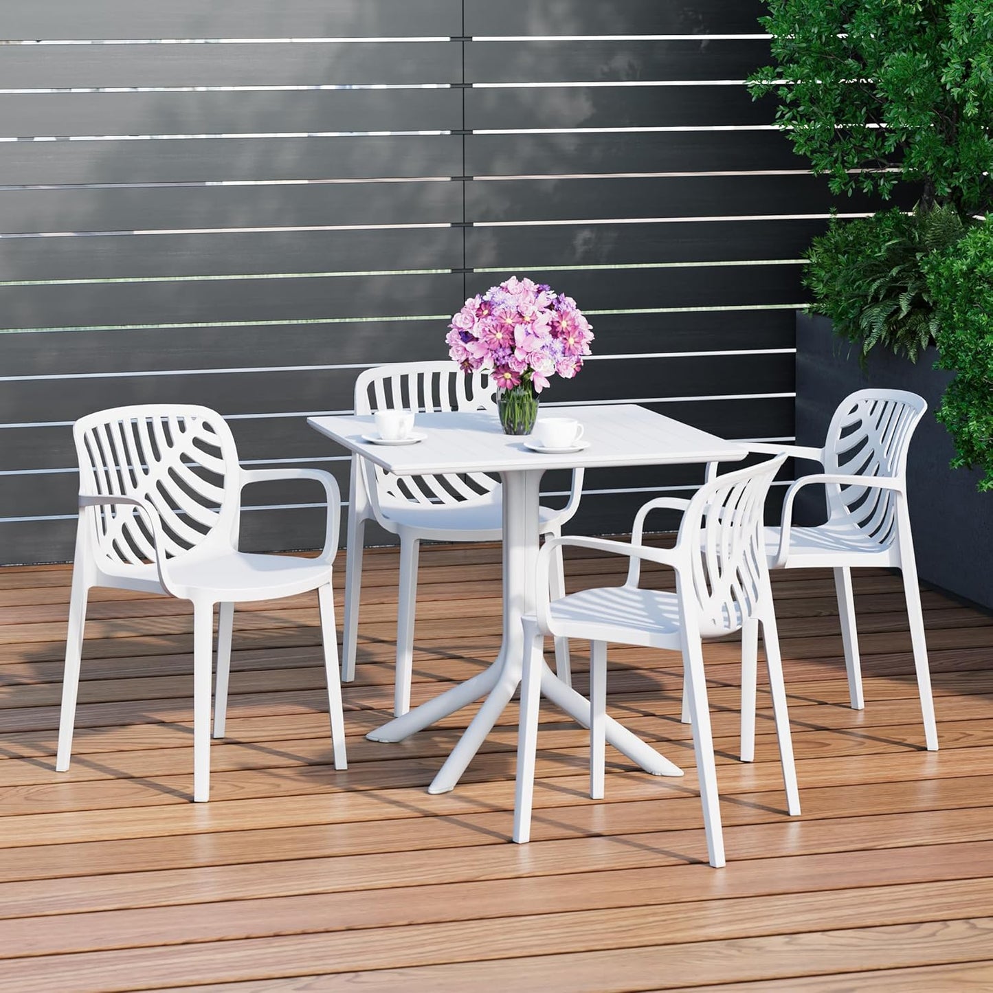 5 Piece Patio Furniture Set, HDPE Patio Square Bistro Table and Stackable Chairs Sets for 4, Outdoor Furniture All Weather for Backyard Poolside, White