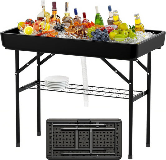 4 Foot Ice Cooler Table with Matching Skirt & Drain Hose, with Iron Stand, Portable Patio Outdoor Chilling Table Portable Bar for Events for Party, Picnic, BBQ, Camping (Black)