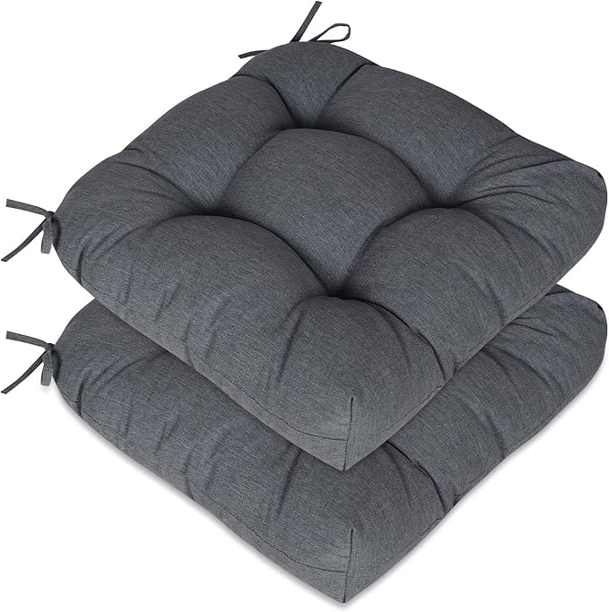 Aoodor 19" x 19" x 5" Tufted Outdoor Chair Cushions, Water Resistant & Fade Resistant Polyester Dining Chair Pads with 2 Straps for Patio Furniture, Set of 2