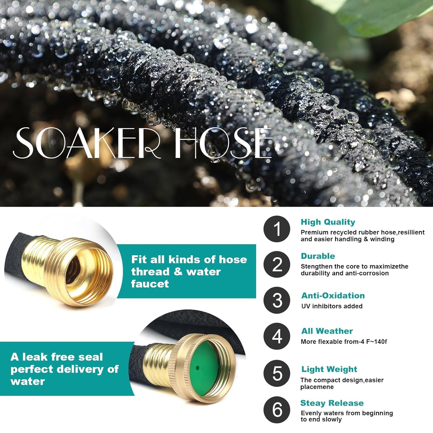 50 FT Soaker Hose 1/2" Heavy Duty Garden Hose to Save 70% Water Drip Irrigation Kit for Lawn/Yard Landscaping Beds (50FT)