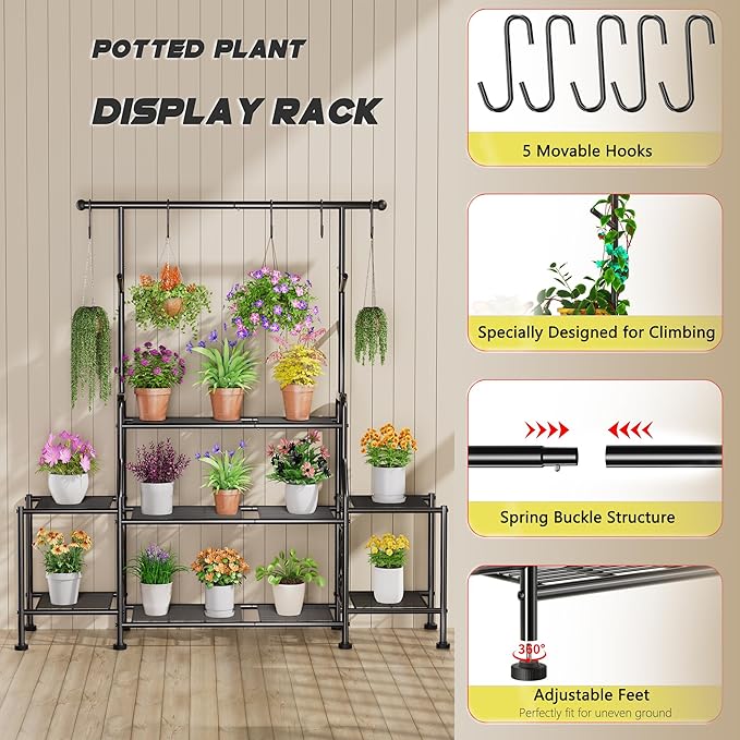 GIOTORENT 3-Tier Tall Metal Plant Stand Indoor Outdoor - Heavy Duty Plant Shelf for Garden, Patio, Balcony with 5 Hanging Hooks, Holds 16-25 Plants, Black