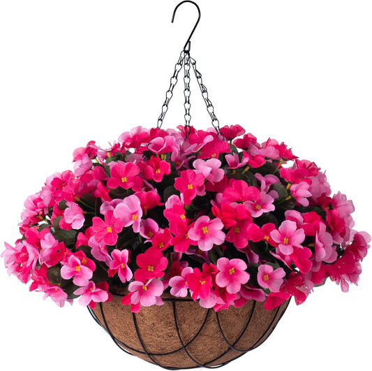Artificial Hanging Flowers with 12" Basket for Outdoor Decor, Fake Hydrangea UV Resistant Arrangements in Pot Indoor Porch Garden Yard Spring Summer Decor(Double Rose)