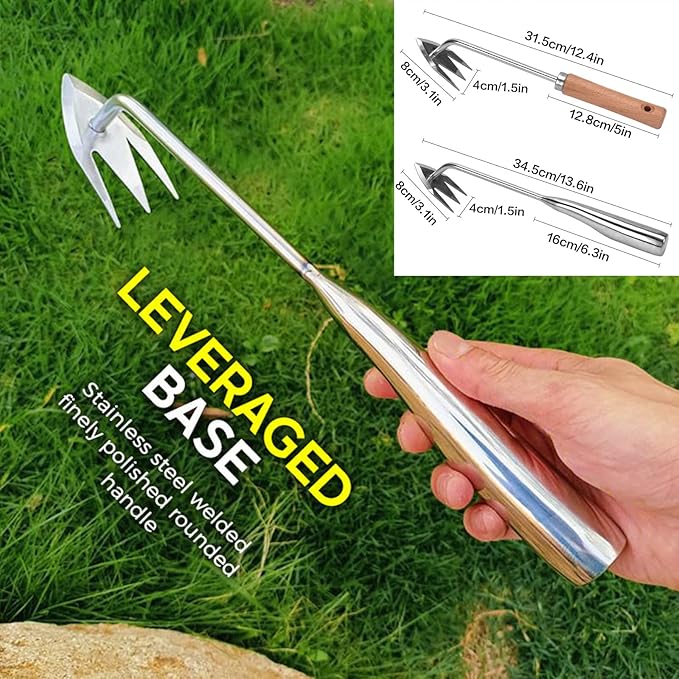 Amposei Stainless Steel Multifunctional Weeder, Hand Weeder Tool Stand Up Weed Puller Tool with Long Handle, V-Shaped Light Duty Hand Weeder for Lawn Garden Yard Farm Weed Removal (Stainless Steel)