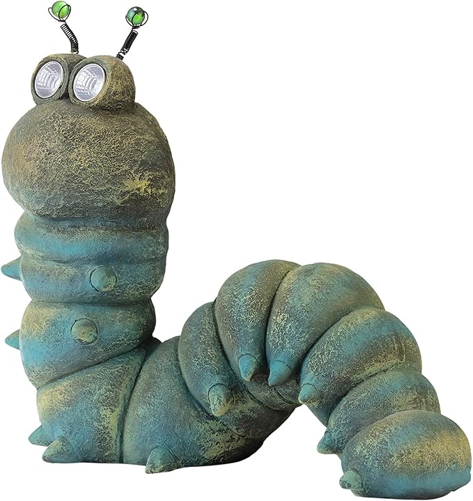 Alpine Corporation FCC121SLR Outdoor Solar Powered Garden Caterpillar Statue with LED Lights, LED Solar Garden Décor, 16"
