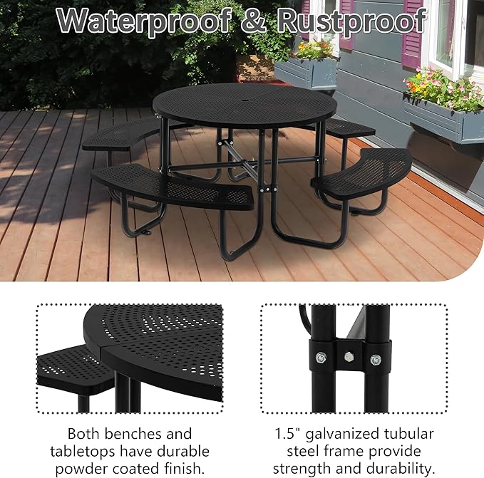 46'' Steel Round Picnic Table for Outdoors, Expanded, Lifetime Picnic Table with Umbrella Hole, Heavy Duty Sturdy Commercial Picnic Tables for Garden Courtyard BBQ, Black