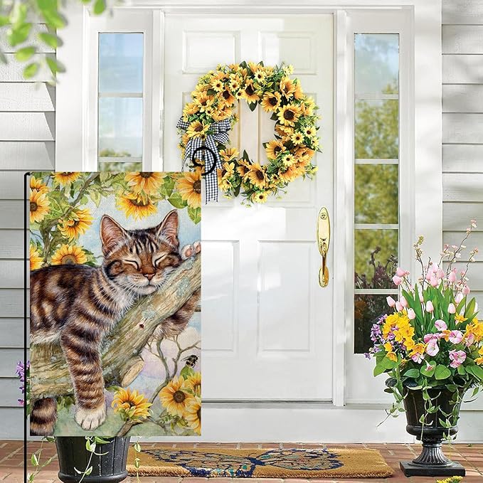 BLKWHT Summer Cat Garden Flag 12x18 Inches Double Sided for Outside, Sunflower Burlap Small Seasonal Yard Flag for Outdoor Decor BW640