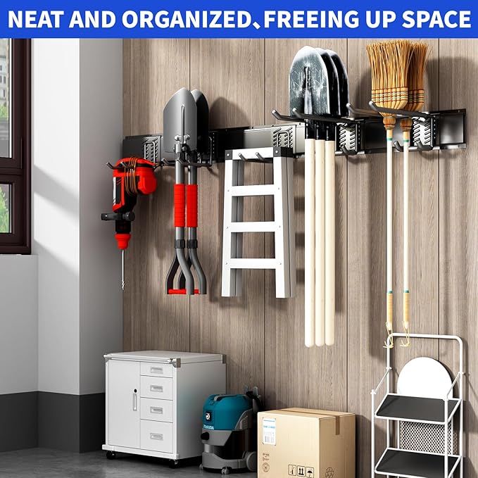 Garage Organization Tool Organizer Wall Mount, 48inch Heavy Duty Garden Tool organizer Storage System, Easy Install With 7 Adjustable Hooks, For Garage, Basement, Shed, Workshop(Black)
