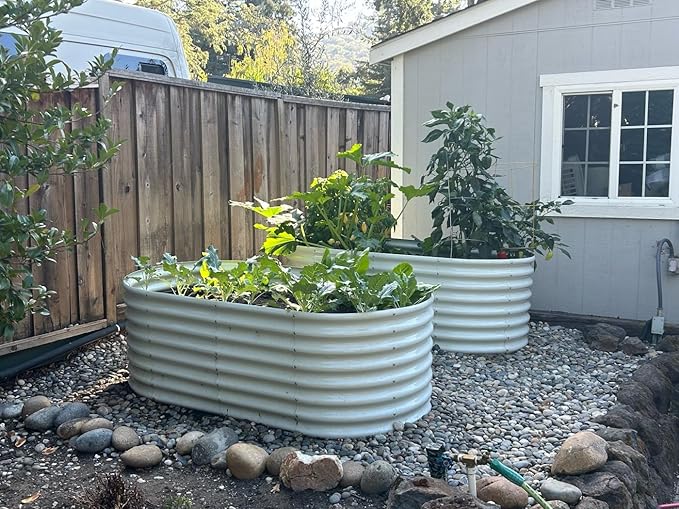 A ANLEOLIFE 8x4x2ft Galvanized Raised Garden Bed Kit, Oval Metal Deep Root Planters for Outdoor Plants Vegetables Flowers Herb, Large Bottomless, 478 Gallon Capacity- Antique White