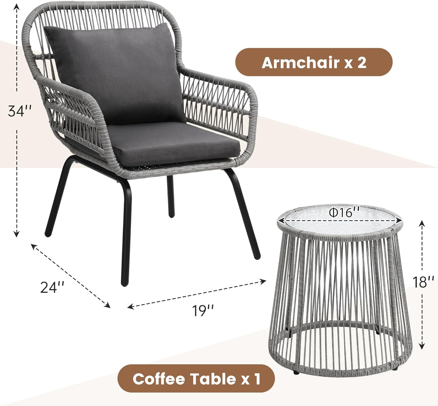 3 Pieces Rattan Wicker Bistro Set, Outdoor Conversation Set, Wicker Rattan Furniture Set with Glass Top Table, Space Saving for Balcony, Backyard, Grey