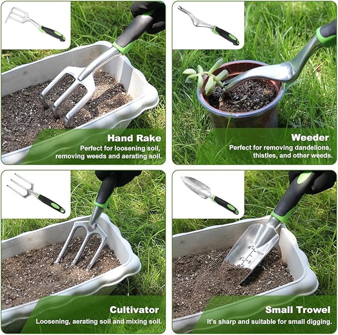 Garden Tool Set with Non Slip Rubber Grip,8 Piece Stainless Steel Gardening Tool Sets,Heavy Duty Outdoor Hand Tools Durable Storage Tote Bag,Uprooting Weeding Tool, Gifts for Women Men Green
