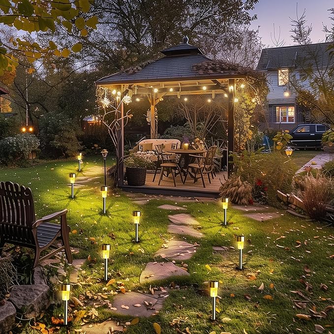 GIGALUMI Solar Pathway Lights 12 Pack, Stainless Steel IP44 Waterproof Auto On/Off Outdoor LED Solar Landscape Lights for Garden, Yard, Patio, Path and Walkway. (Warm White)