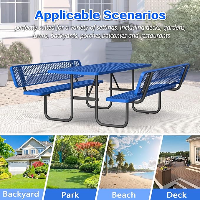 79'' Steel Rectangular Picnic Table for Outdoors, with backrest, Expanded, Lifetime Picnic Table with Umbrella Hole, Heavy Duty Sturdy Commercial Picnic Tables for Garden Courtyard BBQ, Blue