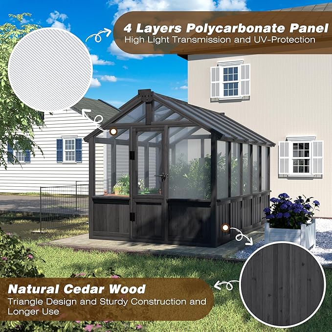 6x10 FT Greenhouse Kit for Outdoor, Thickened Polycarbonate Panel Wooden Walk-in Green House with Lockable Door and Adjustable Roof Vent, Backyard Garden, Black