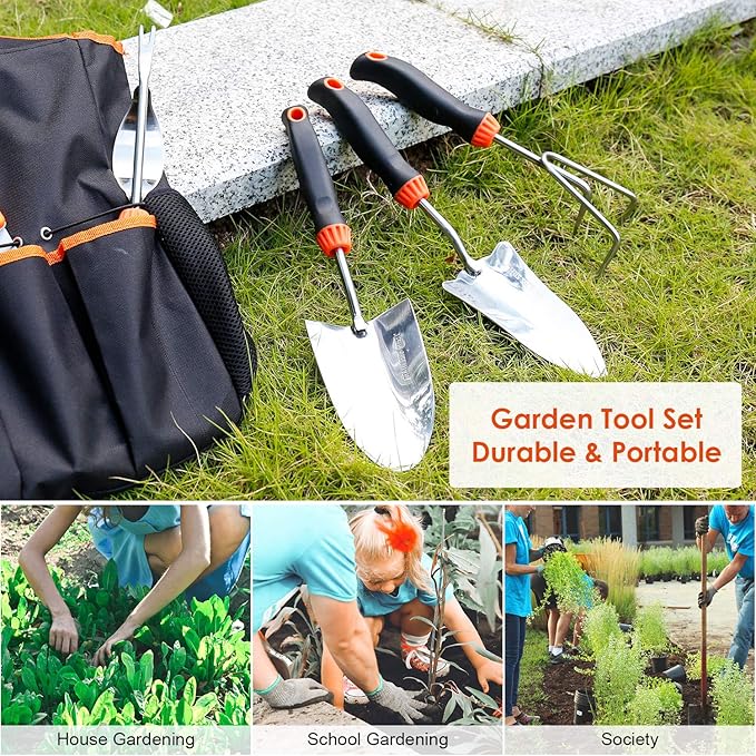 Garden Tool Set, 9 Piece Stainless Steel Heavy Duty Gardening Tool Set, with Non-Slip Rubber Grip, Storage Pocket, Ideal Gardening Gifts for Men