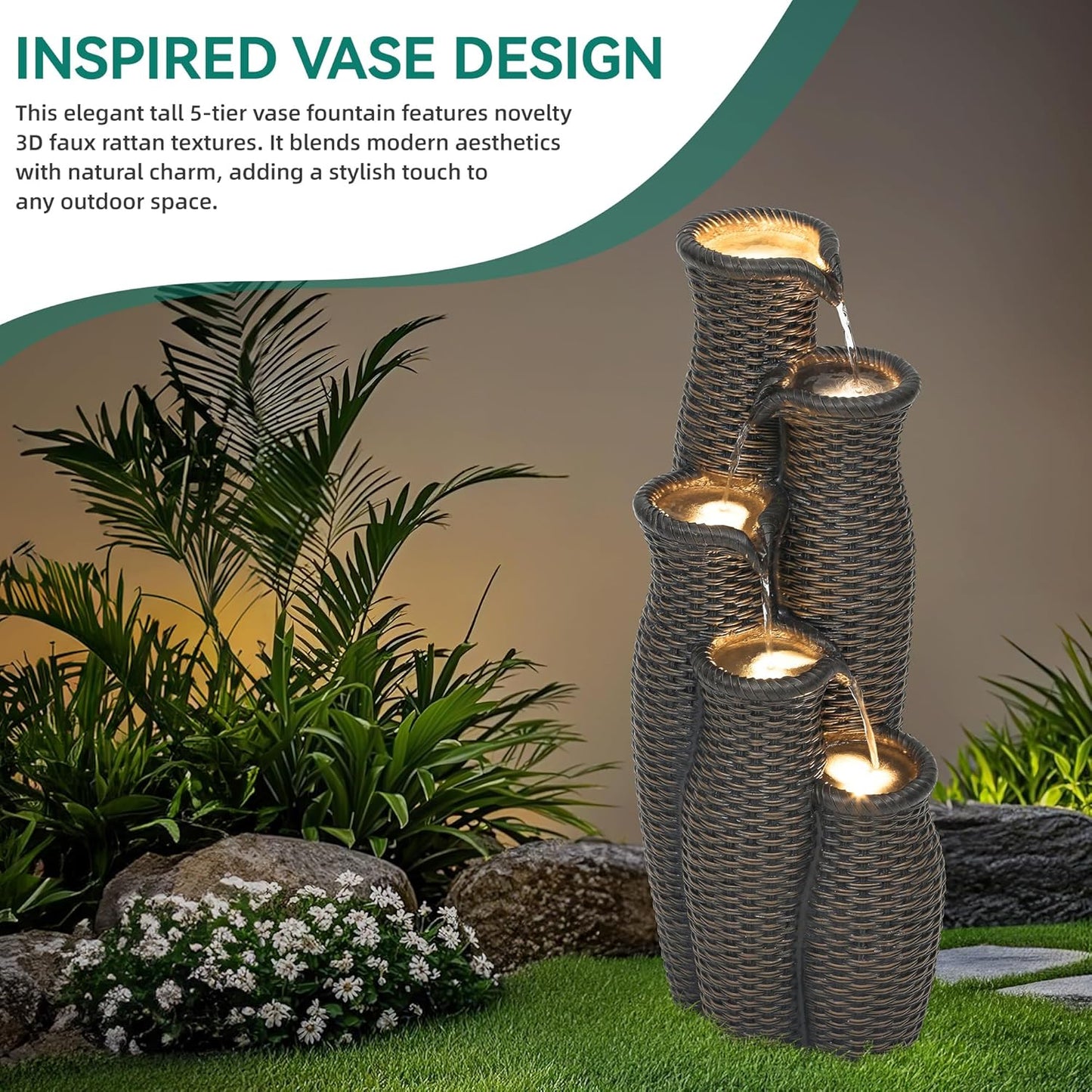 5-Tier Faux Rattan Vase Water Fountain Outdoor with LED Lights, Polyresin Cascading Waterfall Feature, Tranquil Oasis for Garden, Patio, Yard, or Porch