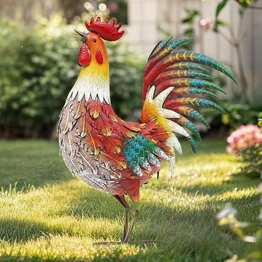 21" Metal Rooster Decor, Outdoor Garden Statues, Metal Chicken Sculpture for Backyard Patio Kitchen Decor