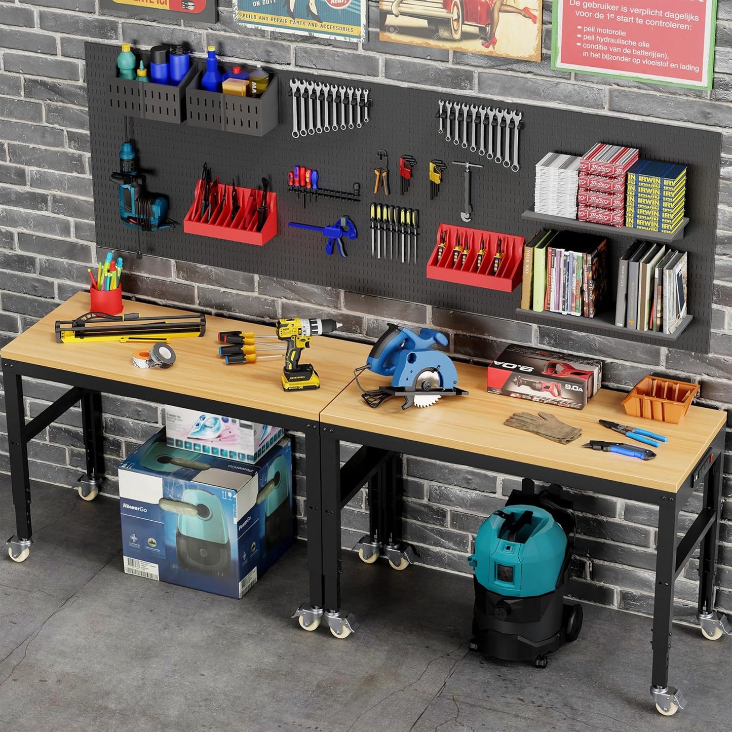 48” Adjustable Workbench，Heavy Duty Wood Work Bench 2000 Lbs Load Capacity,Work Table with Power Outlet and Wheels for Garage, Workshop, Office, Home