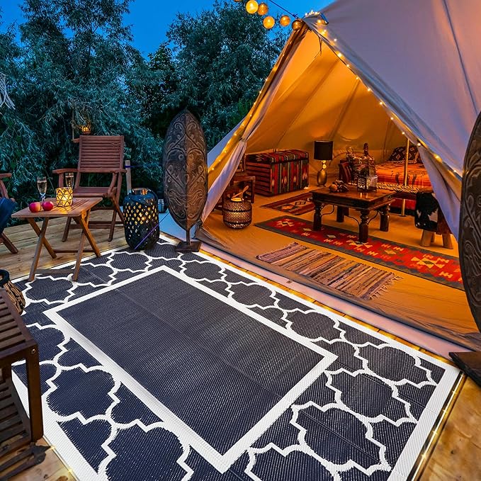 GENIMO 6' x 9' Outdoor Rug Waterproof for Patio Decor, Foldable Reversible Plastic Straw Area Rugs Mat with String Light, Led Carpet for Camper, Rv, Deck, Porch, Picnic, Beach, Balcony, Blue & White