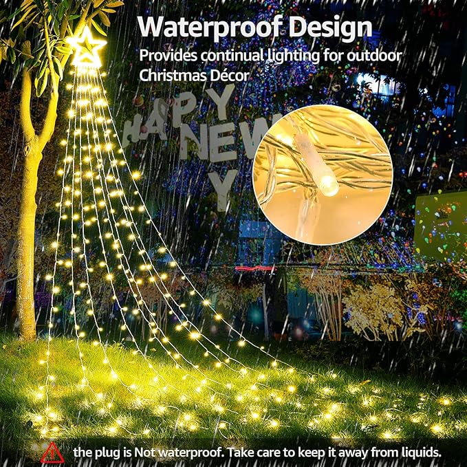 BlcTec Outdoor Christmas Decorations, 317 LED Christmas Lights with 9 Strands 11.9ft Waterfall Christmas Tree Lights, 8 Modes, Waterproof, Topper Star & Timer for Yard Patio Xmas Décor, Warm White