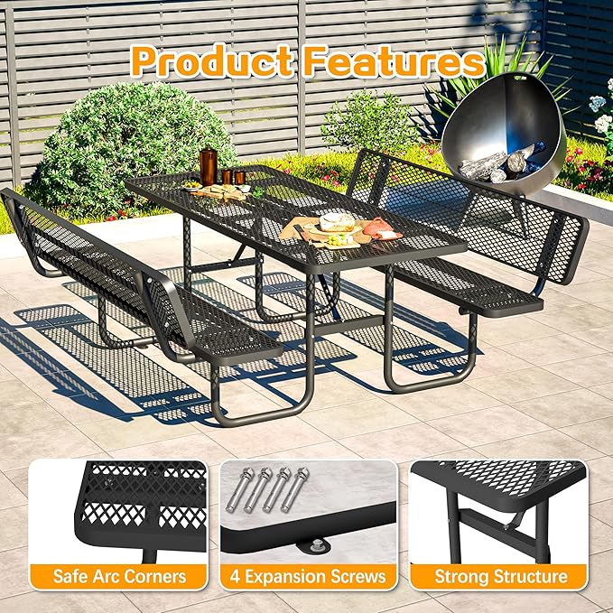 79'' Steel Rectangular Picnic Table for Outdoors, with backrest, Expanded, Lifetime Picnic Table with Umbrella Hole, Heavy Duty Sturdy Commercial Picnic Tables for Garden Courtyard BBQ, Black