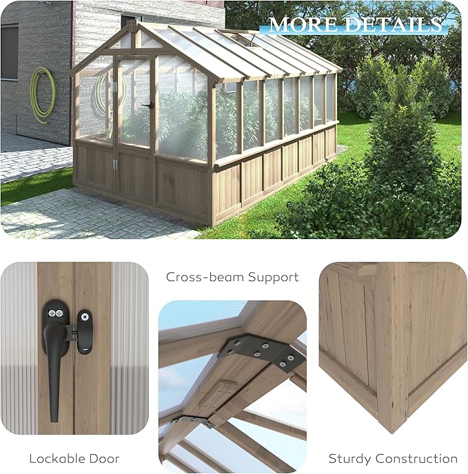 8x14 FT Outdoor Greenhouse Kit, 6MM Thick Polycarbonate Panel Wooden Walk-in Green House with Adjustable Roof Vents & Roof Vents, Backyard Garden, Light Mocha Brown