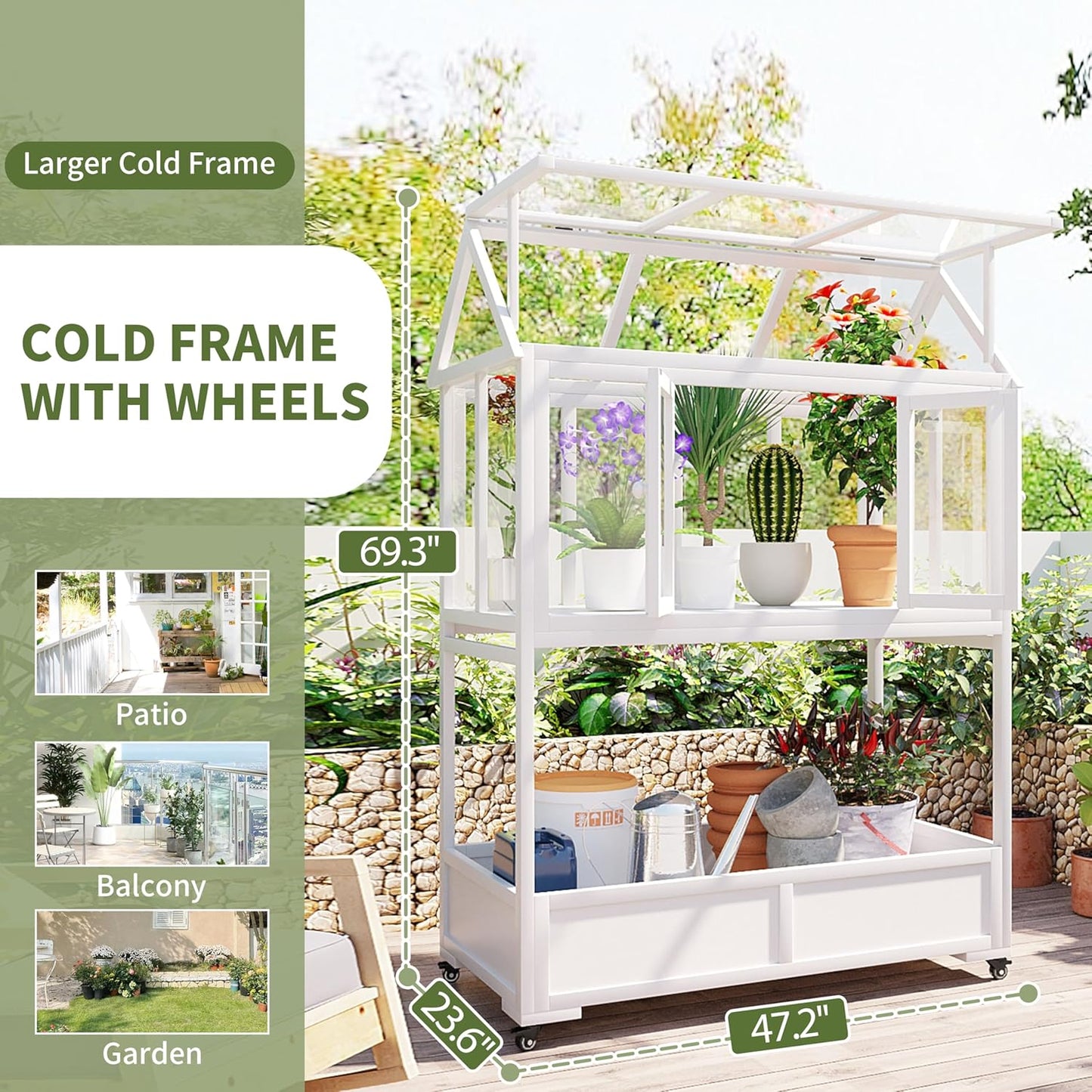 Garden Wood Portable Cold Frame - Mini Greenhouse with Wheels, Open Roof & Storage (White + Beige + Beige)