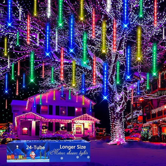 Aokudoni Christmas Lights 24 Tubes Meteor Shower Outdoor, Indoor Outside Decorations Icicle Snow Falling Rain for Tree Yard Party, UL Plug, Multi Color