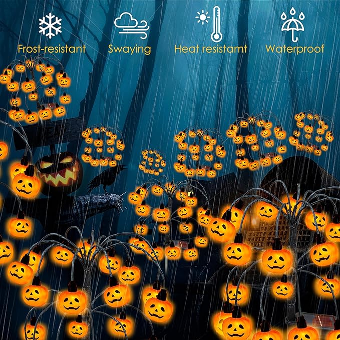 Halloween Decorations, 4 Pack 80LED Solar Halloween Pumpkin Lights Outdoor Waterproof Halloween Solar Garden Lights Swaying Firefly Lights for Yard Garden Patio Party Decor Orange