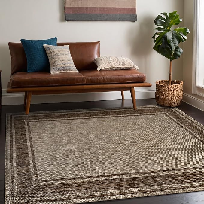 Beverly Rug Outdoor Rug 6x9 Modern Bordered Area Rugs for Indoor and Outdoor Patio Deck Porch Garden Waterproof Weather Sun Resistant Washable Outside Carpet (6 x 9 Jute)