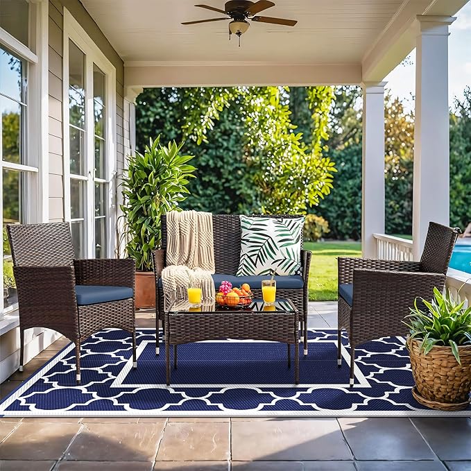 GENIMO 5' x 8' Outdoor Rug Waterproof for Patio Decor, Foldable Reversible Plastic Straw Area Rugs Mat for Camper, Outside Carpet for Rv, Deck, Porch, Picnic, Beach, Balcony, Blue & White