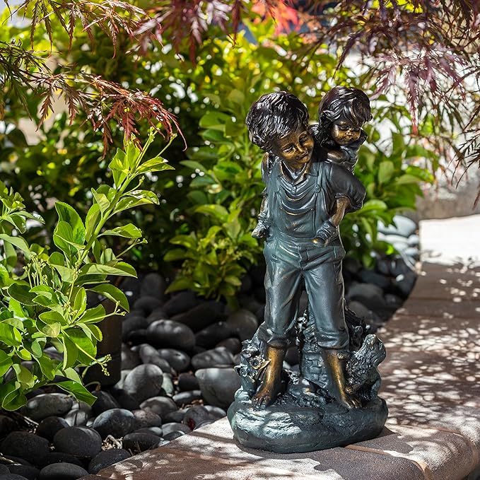 Alpine Corporation 16" Tall Indoor/Outdoor Patina Finish Piggyback Kids Yard Statue Decoration
