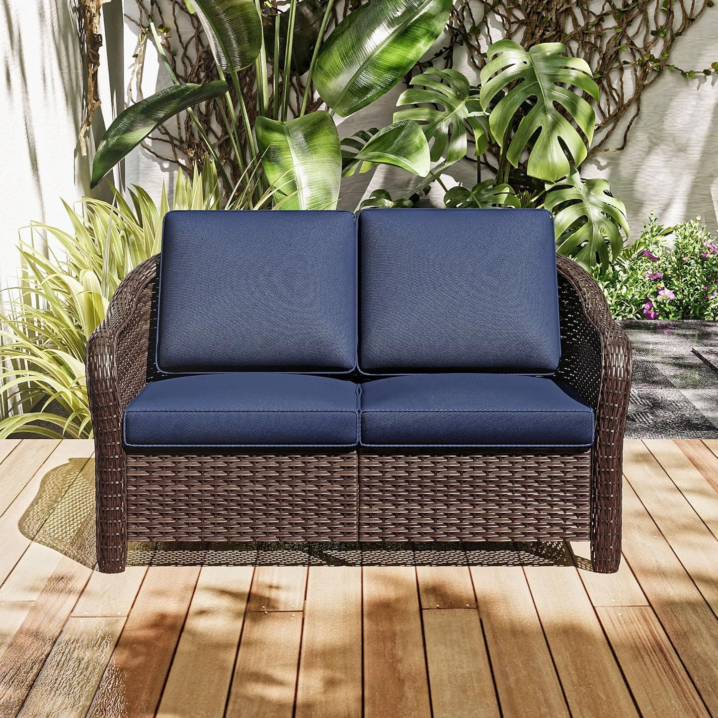 55" Outdoor Loveseat Wicker 2-seat Sofa with Removable Cushions, Conversation Patio Furniture, PE Rattan Couch, Steel Frame Couch with Cushions for Backyard, Deck (Navy Blue)