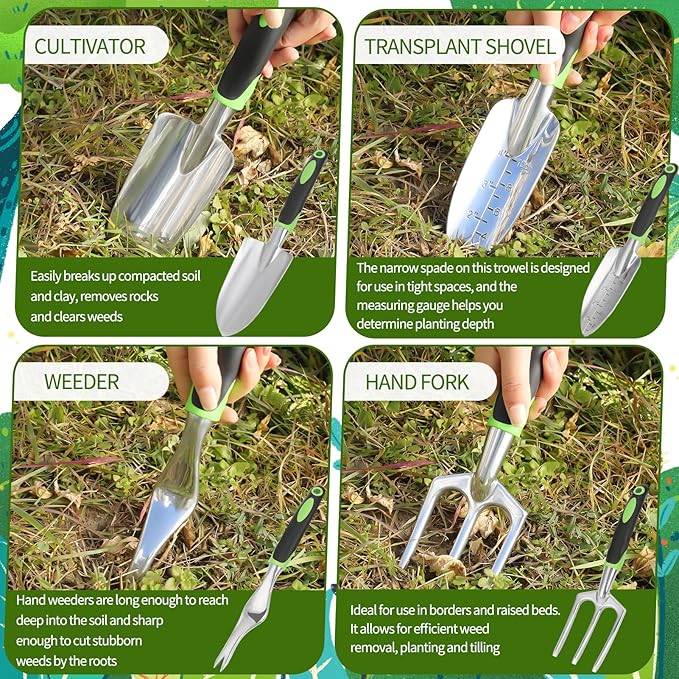 Garden Tool Set, 11 Piece Stainless Steel Heavy Duty Gardening Supplies with Green Black Handle Outdoor Weeding Gifts for Women