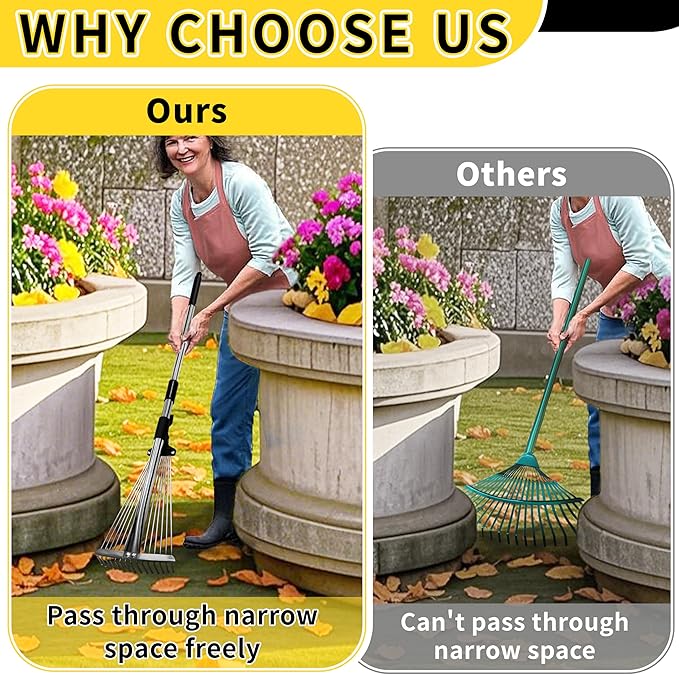 Garden Rake for Leaves,Heavy Duty Metal Adjustable Leaf Rake for Lawns,Long Handle 33"-69" with Expandable Head 8"-15",Garden Tools for Yard Lawn Shrub Garden Beds