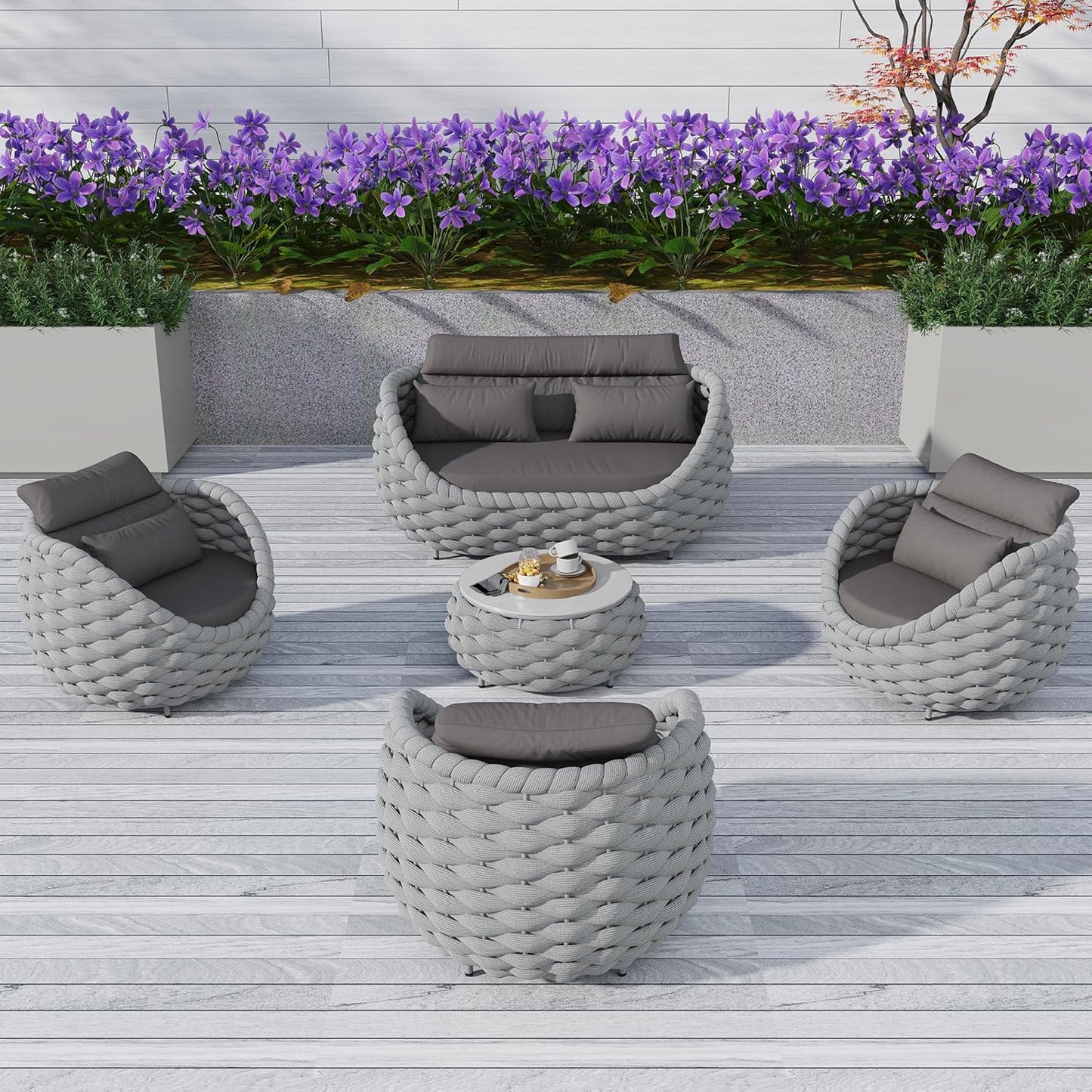 5 Pieces Patio Furniture Set Outdoor Rope Conversation Sectional Patio Sofa with 5 Seater for Backyard, Porch, Modern Armchairs with Thickness Cushions and Side Table
