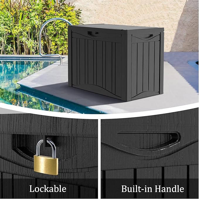 45 Gallon Waterproof Deck Storage Box - All-Weather Outside Storage Box with Lock, Outdoor Box Storage for Patio/Pool Accessories, UV-Resistant Resin, Matte Black