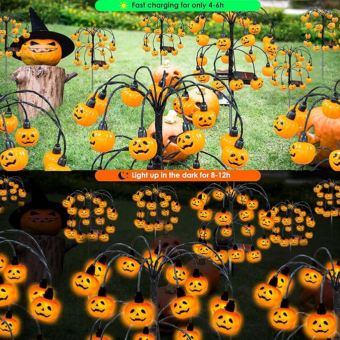 Halloween Decorations, 4 Pack 80LED Solar Halloween Pumpkin Lights Outdoor Waterproof Halloween Solar Garden Lights Swaying Firefly Lights for Yard Garden Patio Party Decor Orange