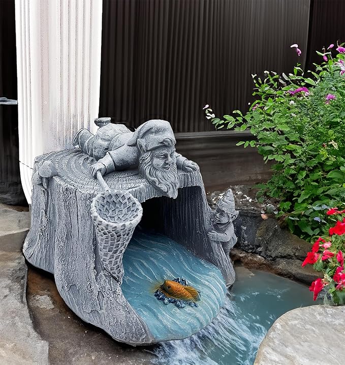 Gnome Fishing 3"x4" Gutter Downspout Splash Block Decor, Garden Outdoor Animal Resin Statue & Sculpture, Gutter Diverter Rain, Decorative Gutter Extension Downspout, Eco-Friendly